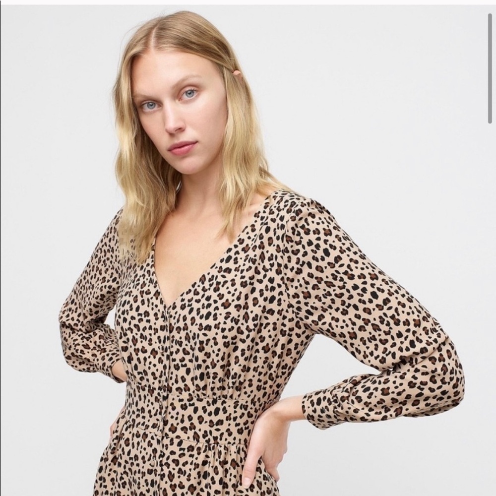 J. Crew Leopard Print Button Front A-Line Midi Dress Camel Mod - Picture 2 of 14